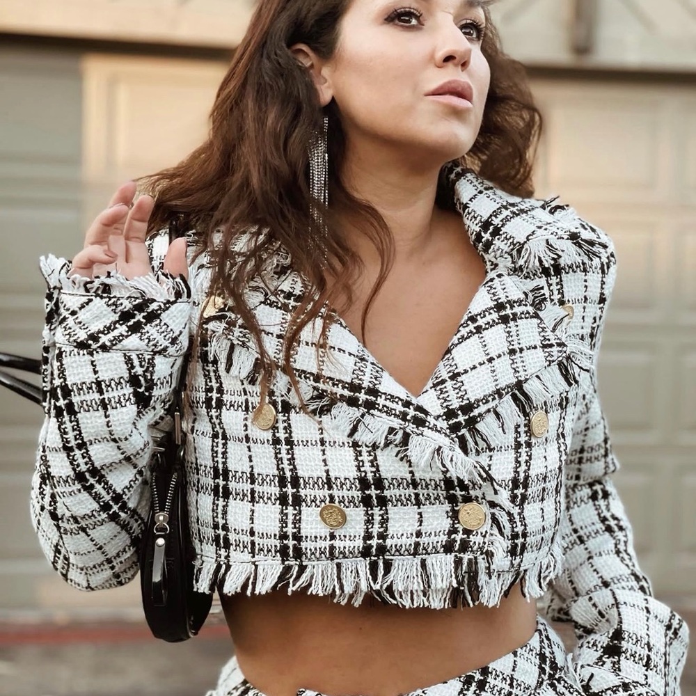 Chic Black and White Plaid Jacket with Gold Buttons